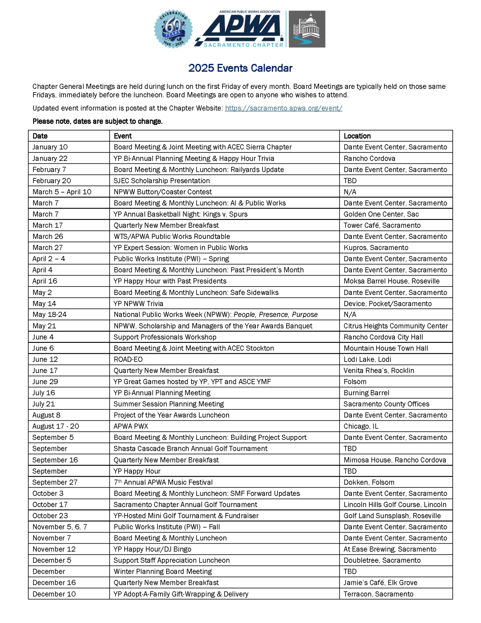 Current Events Calendar